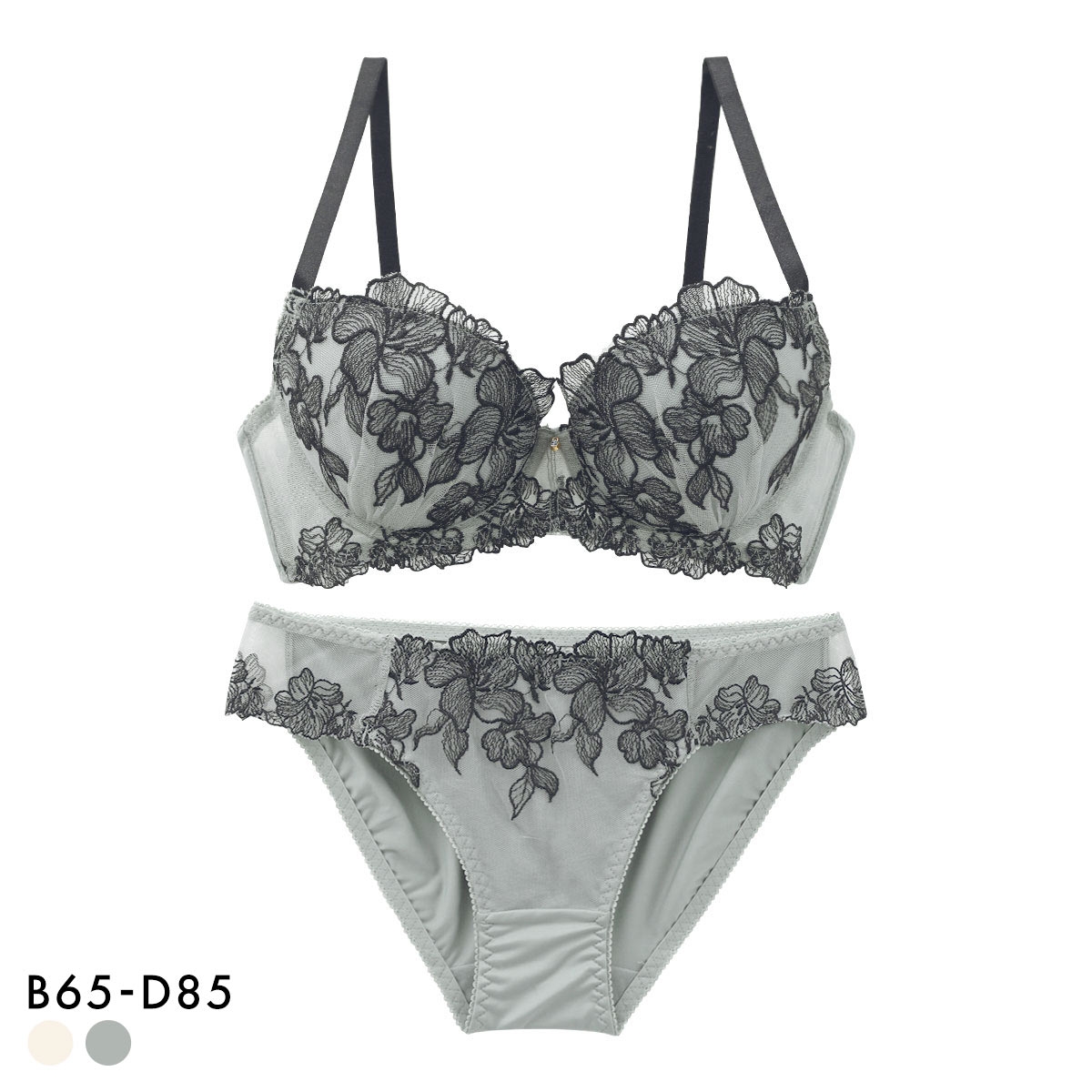 ピュアシェリ 花柄チュール ブラセット BCD 大きいサイズ 谷間 ブラジャー ショーツ セット 谷間 L字 脇寄せ 盛り PURECHERIE(MS-モスグリーン-B65-M)