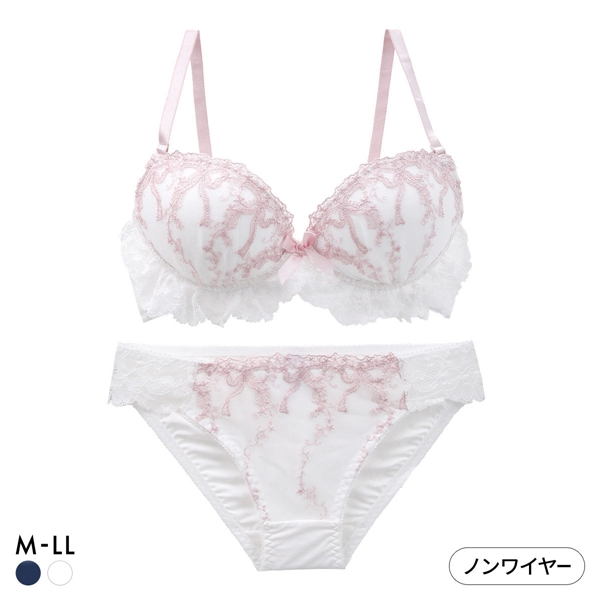 ルルモアナ リボン柄チュールレース ノンワイヤー ブラセット M L LL ブラジャー ショーツ セット ワイヤレス LULUMOANA