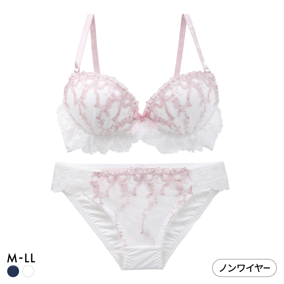 ルルモアナ リボン柄チュールレース ノンワイヤー ブラセット M L LL ブラジャー ショーツ セット ワイヤレス LULUMOANA(WH-ホワイト-M／M)