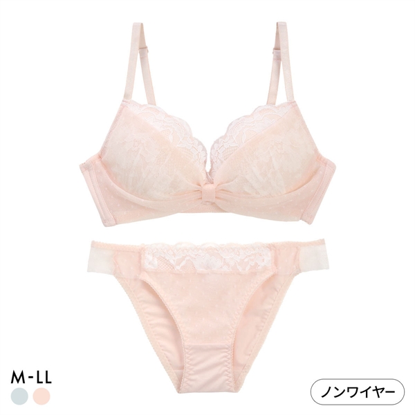 ルルモアナ ドット柄ハーフリボン ノンワイヤー ブラセット M L LL ブラジャー ショーツ セット ワイヤレス LULUMOANA 大きいサイズ