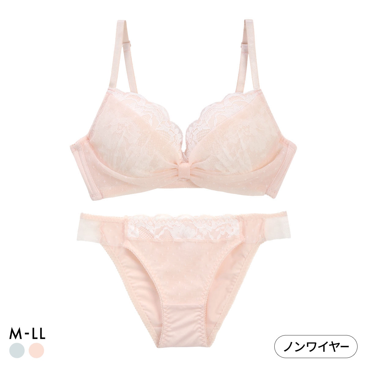 ルルモアナ ドット柄ハーフリボン ノンワイヤー ブラセット M L LL ブラジャー ショーツ セット ワイヤレス LULUMOANA 大きいサイズ(PE-ピーチ-M／M)