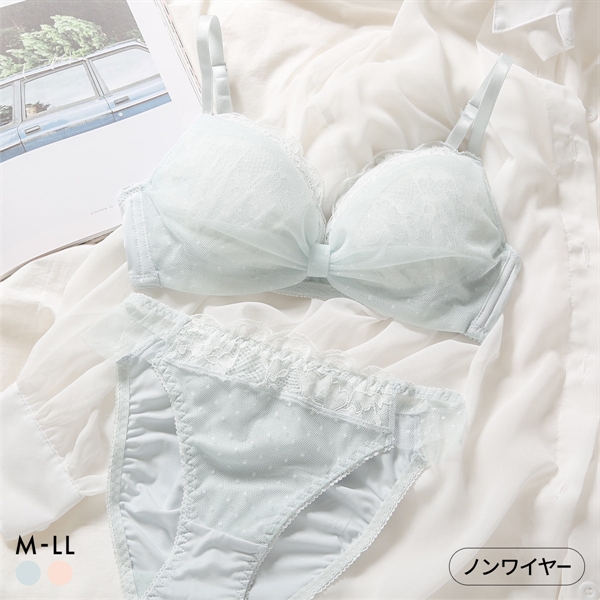 ルルモアナ ドット柄ハーフリボン ノンワイヤー ブラセット M L LL ブラジャー ショーツ セット ワイヤレス LULUMOANA 大きいサイズ
