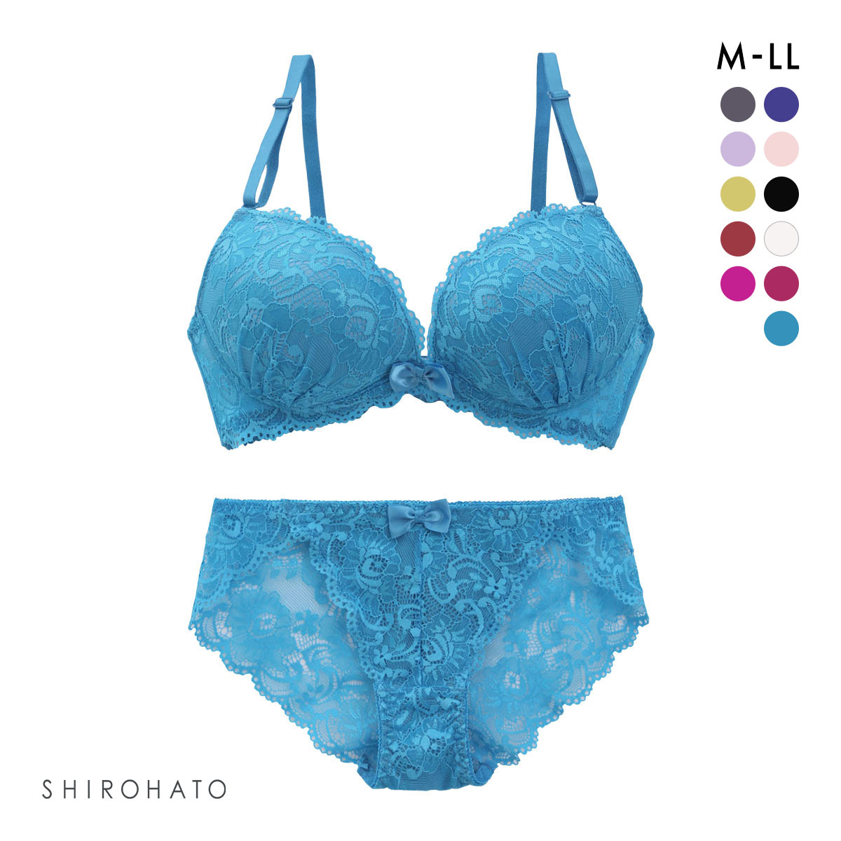 谷間 × ノンワイヤー シンプルレース ブラジャー ショーツ セット ワイヤレスブラ バックレース(BU-ブルー-M)
