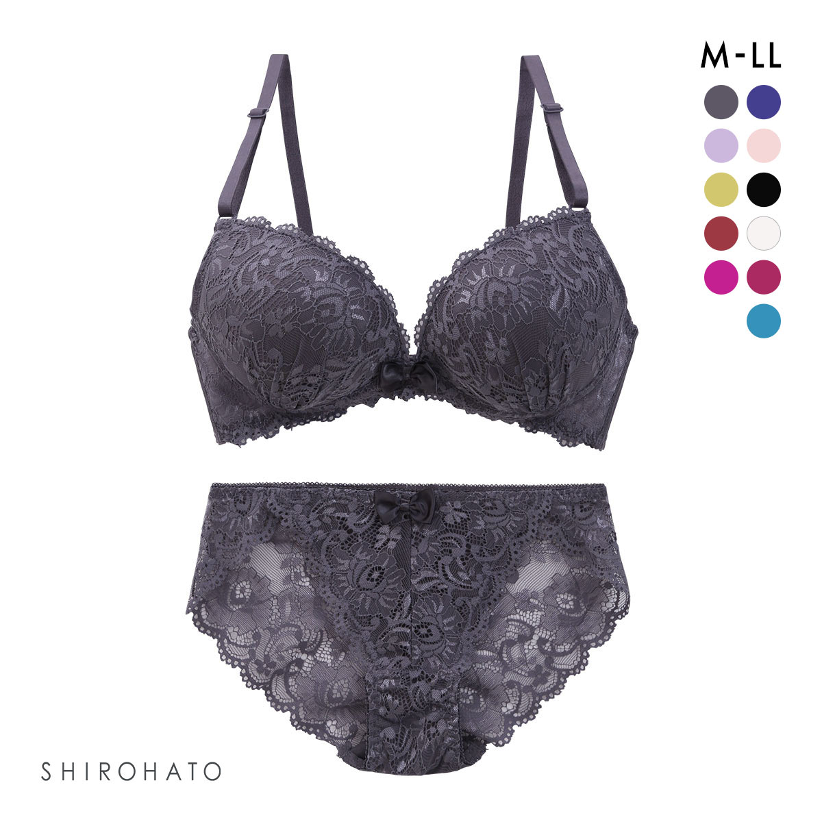 谷間 × ノンワイヤー シンプルレース ブラジャー ショーツ セット ワイヤレスブラ バックレース(DGY-濃グレー-M)