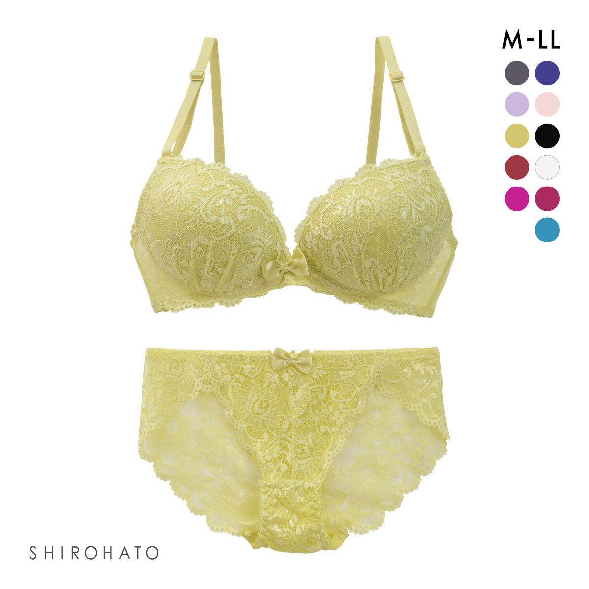 谷間 × ノンワイヤー シンプルレース ブラジャー ショーツ セット ワイヤレスブラ バックレース(YE-イエロー-M)