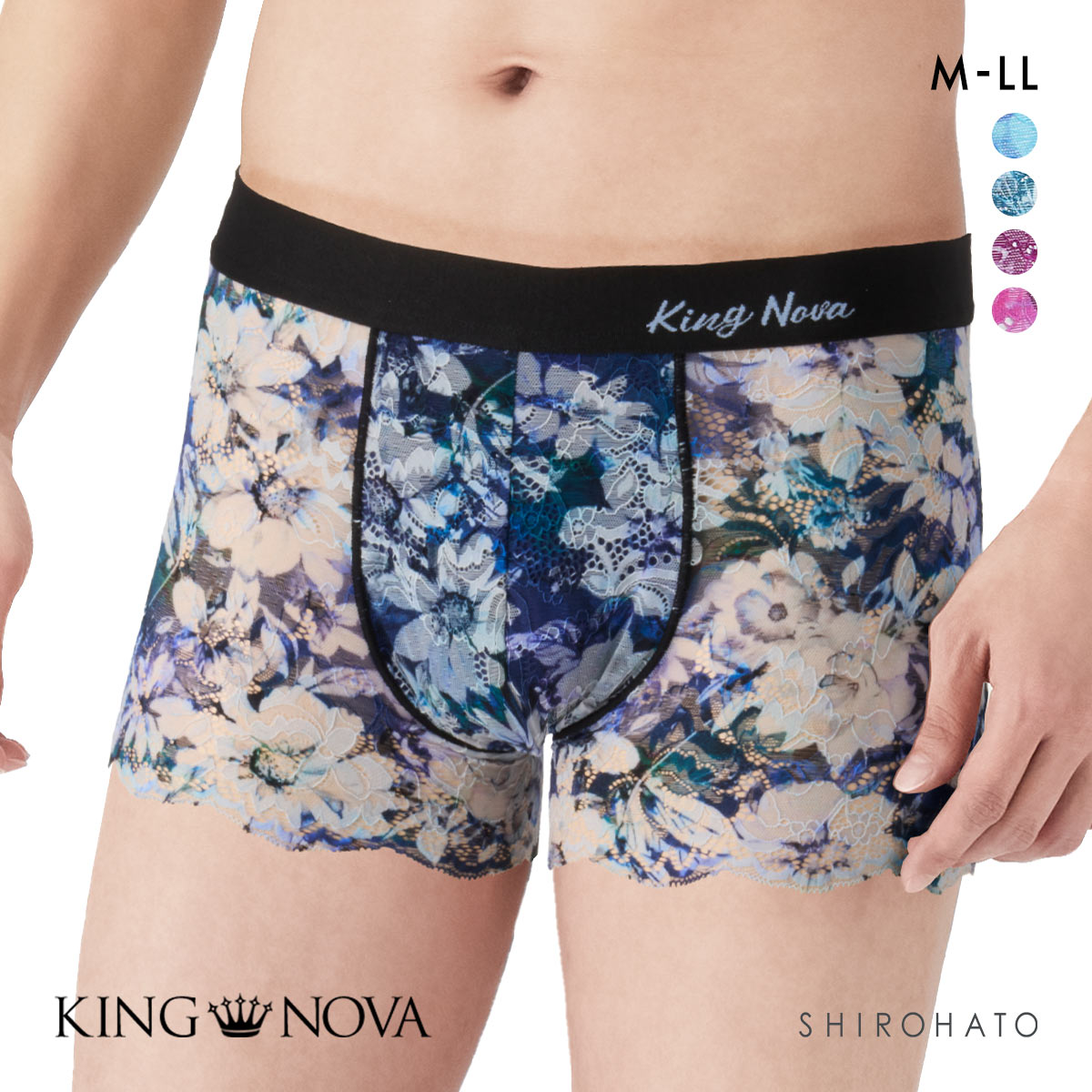 キングノバ KING NOVA 総レース メンズボクサーパンツ メンズ 花柄 前閉じ(FLO2-花2-M)