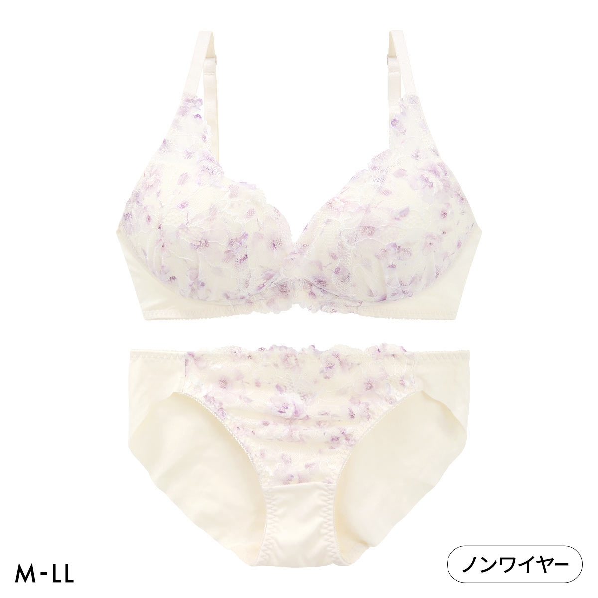 ルルモアナ 脇高プリントレース ノンワイヤー ブラセット M L LL ブラジャー ショーツ セット ワイヤレス(CR-クリーム-M／M)