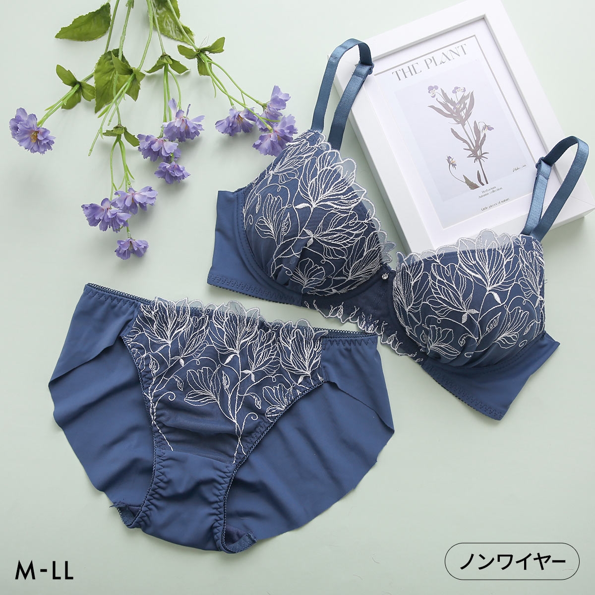 ルルモアナ 脇高フラワーレース ノンワイヤー ブラセット M L LL ブラジャー ショーツ セット ワイヤレス 大きいサイズ LULUMOANA(DBU-濃ブルー-M／M)