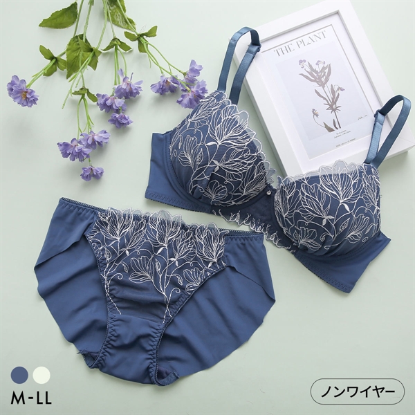 ルルモアナ 脇高フラワーレース ノンワイヤー ブラセット M L LL ブラジャー ショーツ セット ワイヤレス 大きいサイズ LULUMOANA