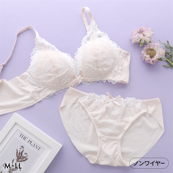 ピュアシェリ レイヤードレース ノンワイヤー ブラセット M L LL ブラジャー ショーツ セット ワイヤレス 大きいサイズ PURECHERIE