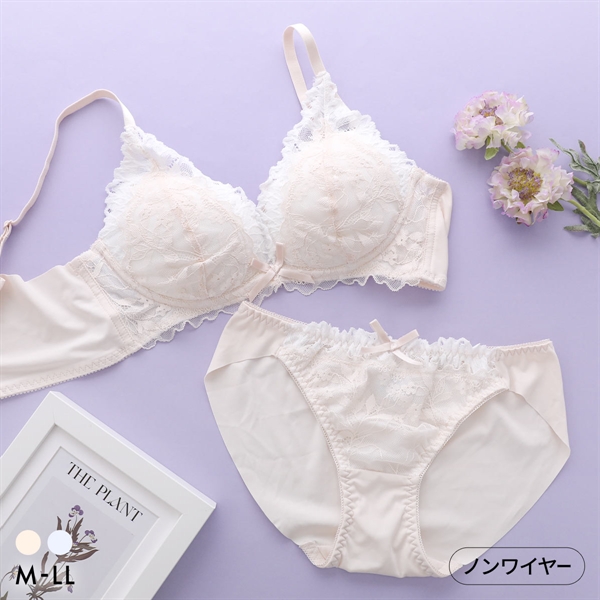 ピュアシェリ レイヤードレース ノンワイヤー ブラセット M L LL ブラジャー ショーツ セット ワイヤレス 大きいサイズ PURECHERIE