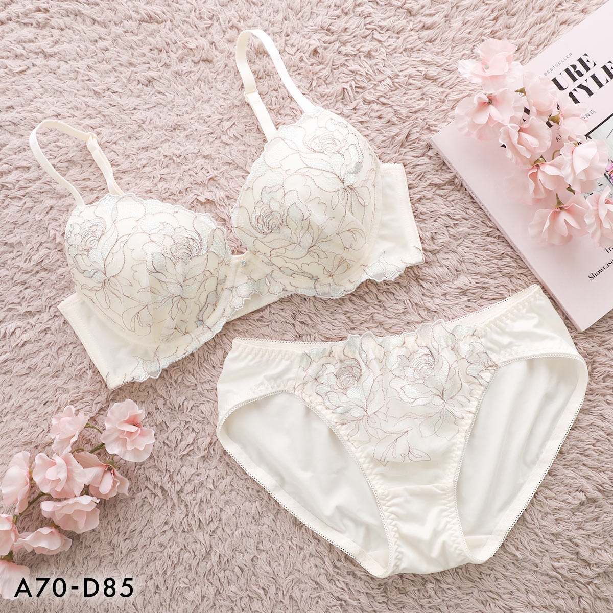 ルルモアナ 脇高花柄チュール ブラセット ABCD ブラジャー ショーツ セット 大きいサイズ LULUMOANA(CR-クリーム-A70-M)