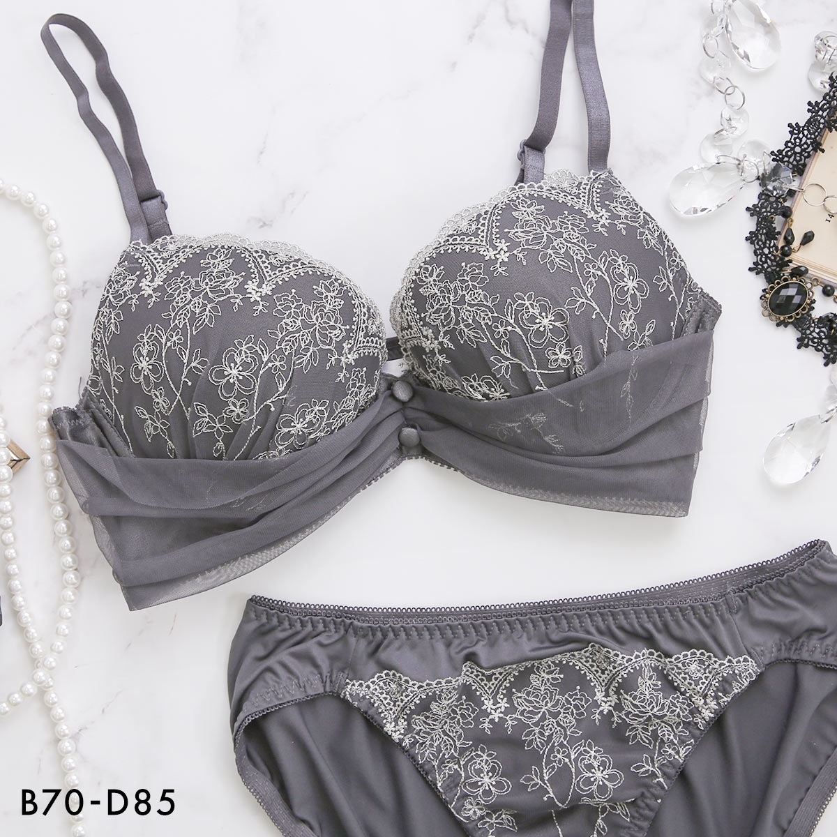 ルルモアナ 脇高 花柄チュール ブラセット ABCD ブラジャー ショーツ セット 大きいサイズ LULUMOANA(DGY-濃グレー-B70-M)