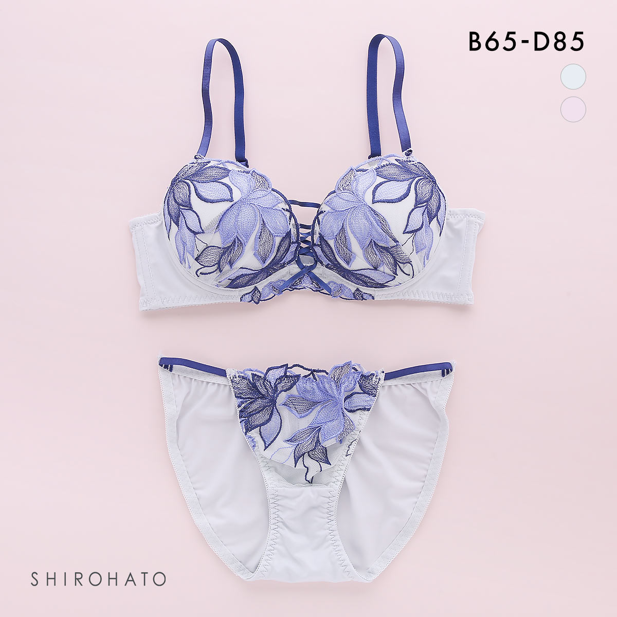 スパイシー ブラジャー ショーツ セット 2色花柄チュール フロント編み上げ SPICY(BU-ブルー-B65-M)