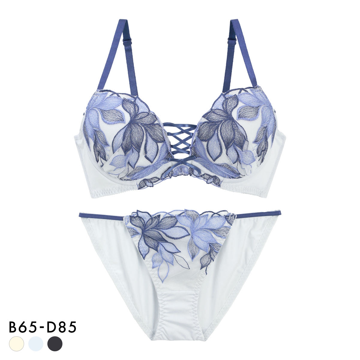 スパイシー 脇高 ブラジャー ショーツ セット 2色花柄チュール フロント編み上げ SPICY 大きいサイズ(BU-ブルー-B65-M)