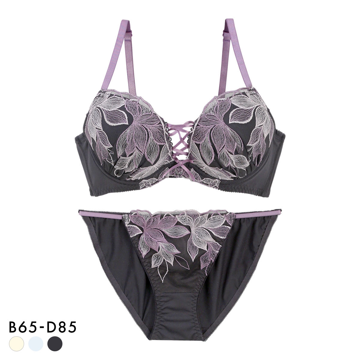 スパイシー 脇高 ブラジャー ショーツ セット 2色花柄チュール フロント編み上げ SPICY 大きいサイズ(DGY-濃グレー-B65-M)