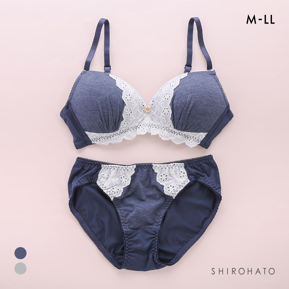 にゃちゅらるリラックス ボーラーコットンレース ノンワイヤー ブラセット M L LL ブラジャー ショーツ セット ワイヤレス 快適(NV-ネイビー-M)