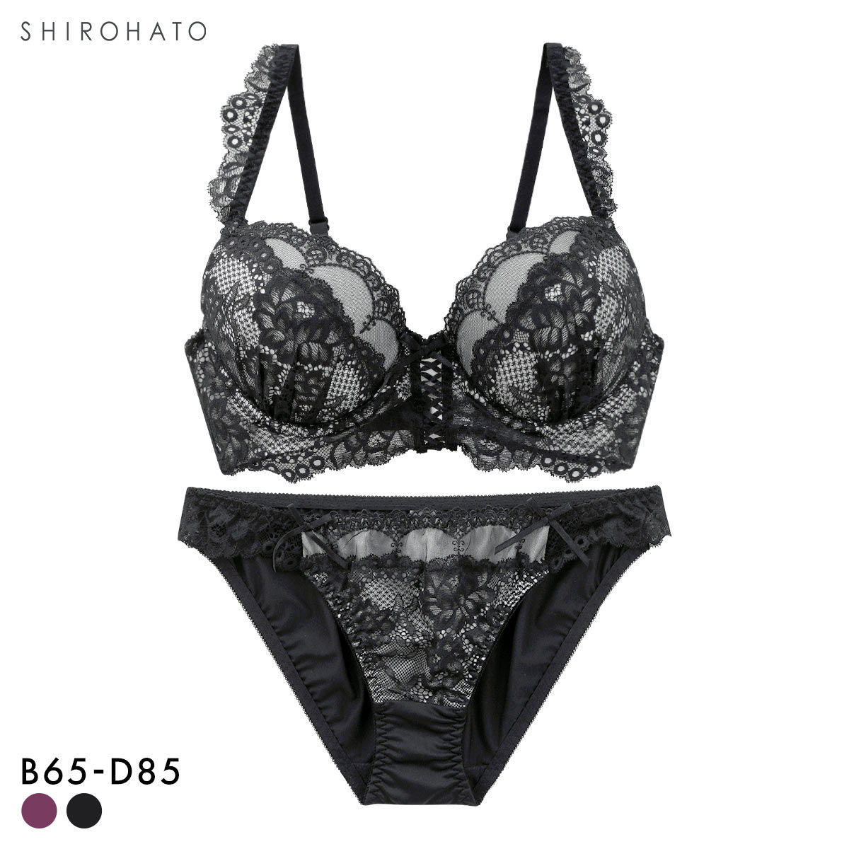 スパイシー 脇高 編み上げレースアップ ビスチェ風 ブラセット BCD65-85 大きいサイズ 谷間 ブラジャー ショーツ セット SPICY(BK-ブラック-B65-M)