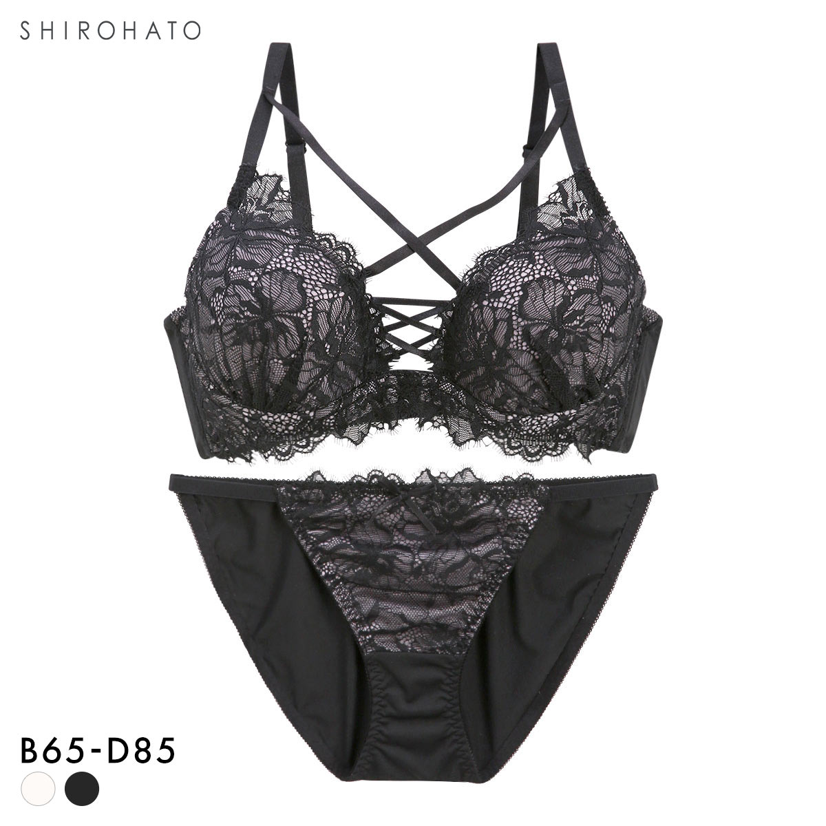 ジュリアンジェ 編み上げレースアップ レーシー ブラセット BCD65-85 大きいサイズ 谷間 ブラジャー ショーツ セット SPICY(BK-ブラック-B65-M)