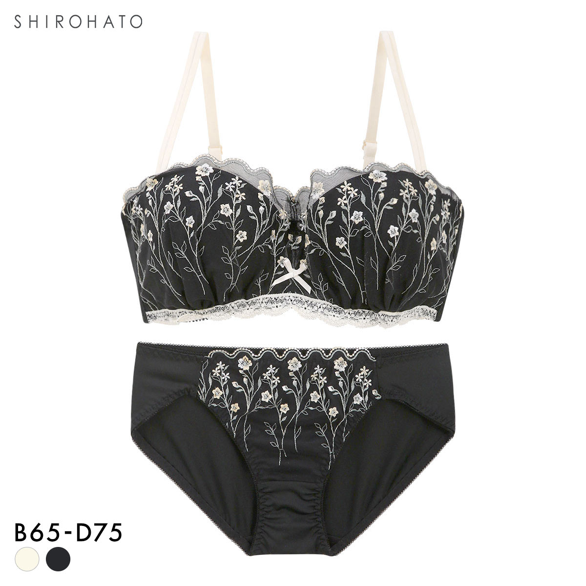 ピュアシェリ 小花チュール 1/2カップ ブラセット BCD65-75 谷間 ブラジャー ショーツ セット 脇肉 補正 育乳 脇寄せ 盛り(BK-ブラック-B65-M)
