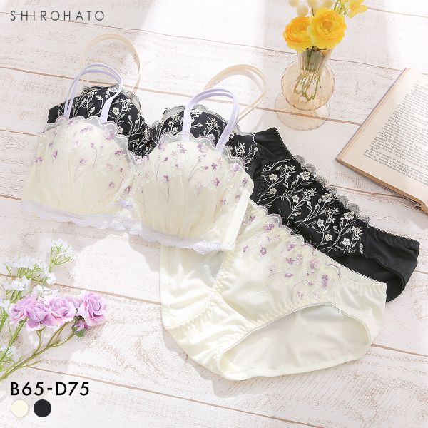 ピュアシェリ 小花チュール 1/2カップ ブラセット BCD65-75 谷間 ブラジャー ショーツ セット 脇肉 補正 育乳 脇寄せ 盛り