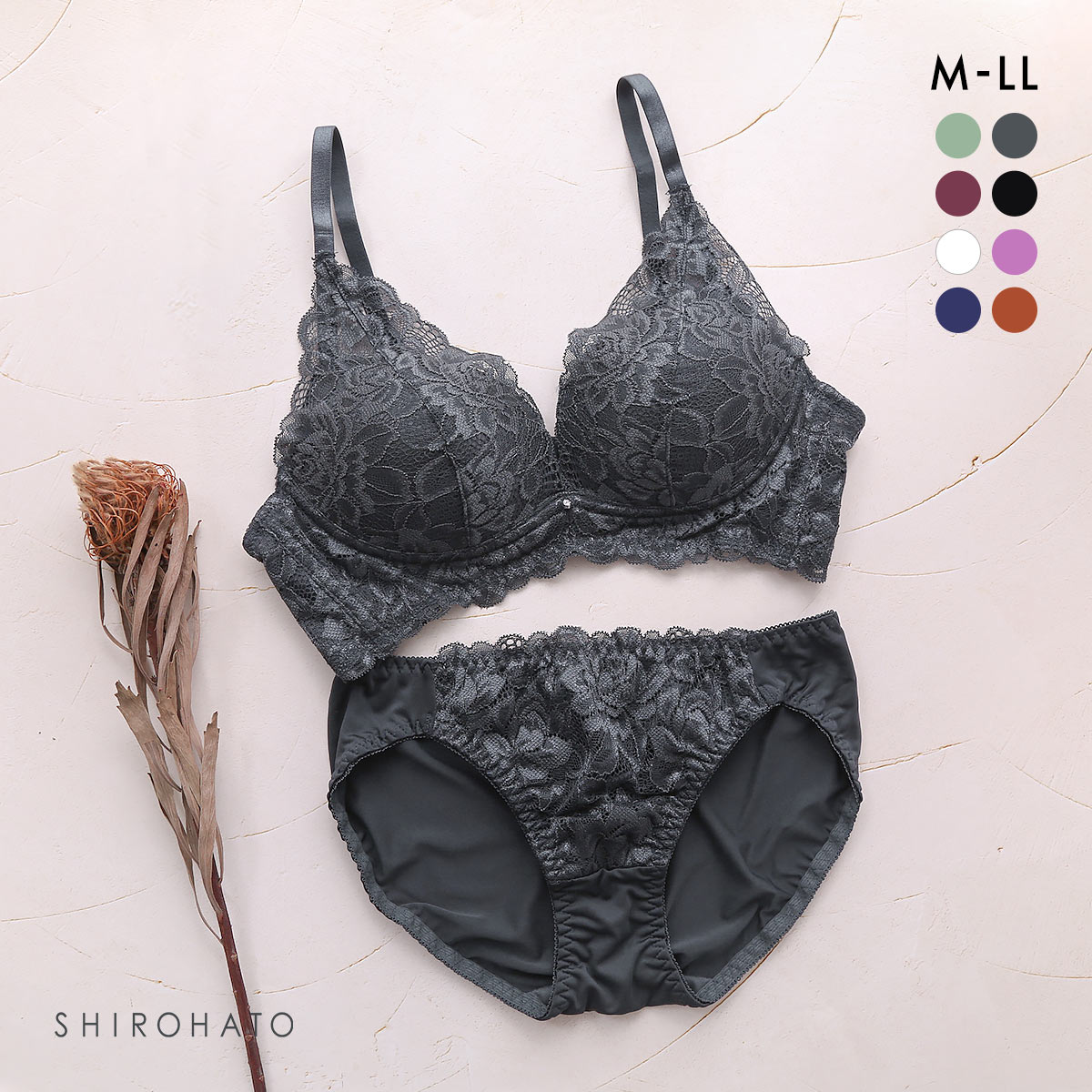 谷間×ノンワイヤー フラワーストレッチレ―ス ブラジャー ショーツ セット M L LL(GY-グレー-M)