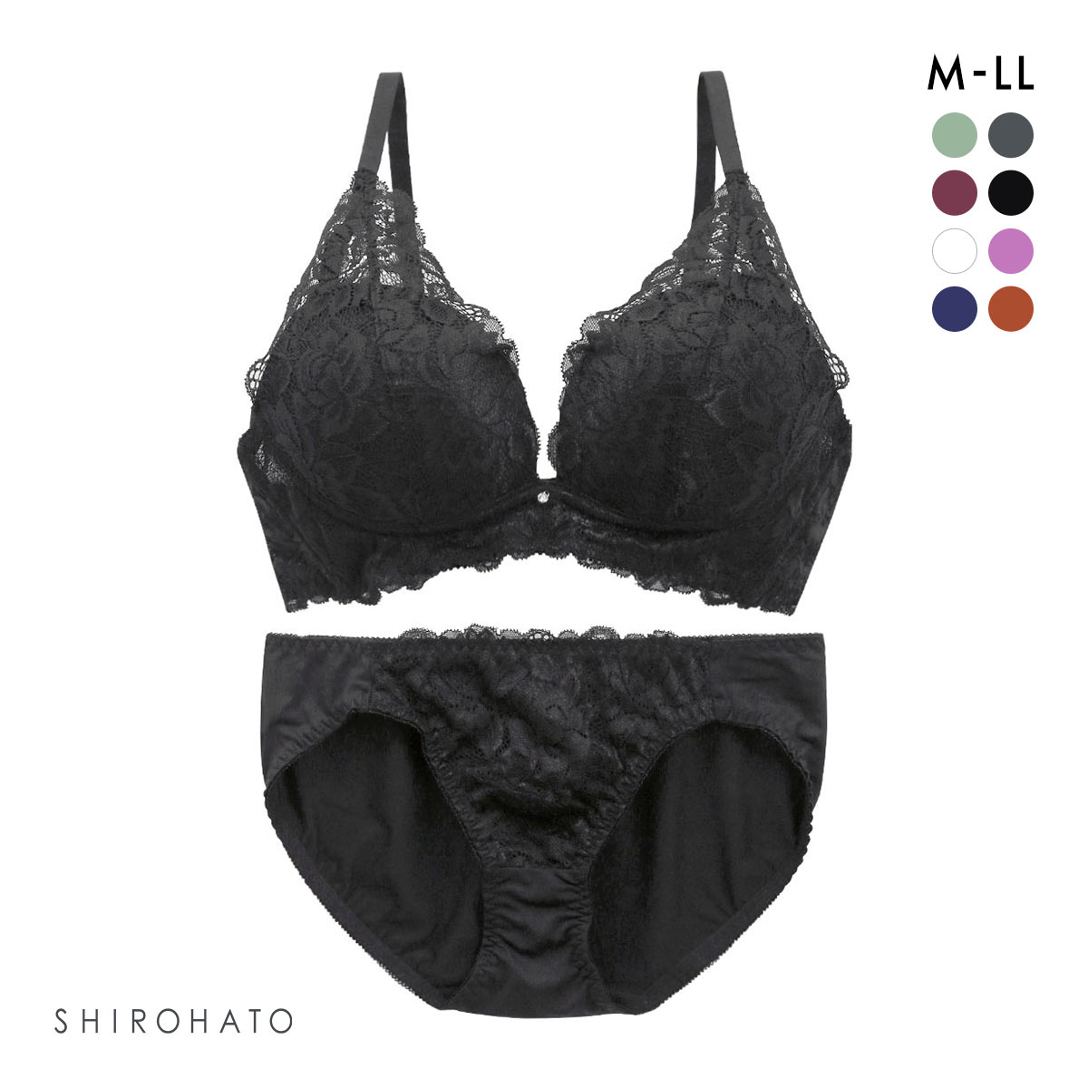 谷間×ノンワイヤー フラワーストレッチレ―ス ブラジャー ショーツ セット M L LL(BK-ブラック-M)