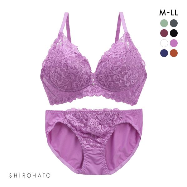 谷間×ノンワイヤー フラワーストレッチレ―ス ブラジャー ショーツ セット M L LL