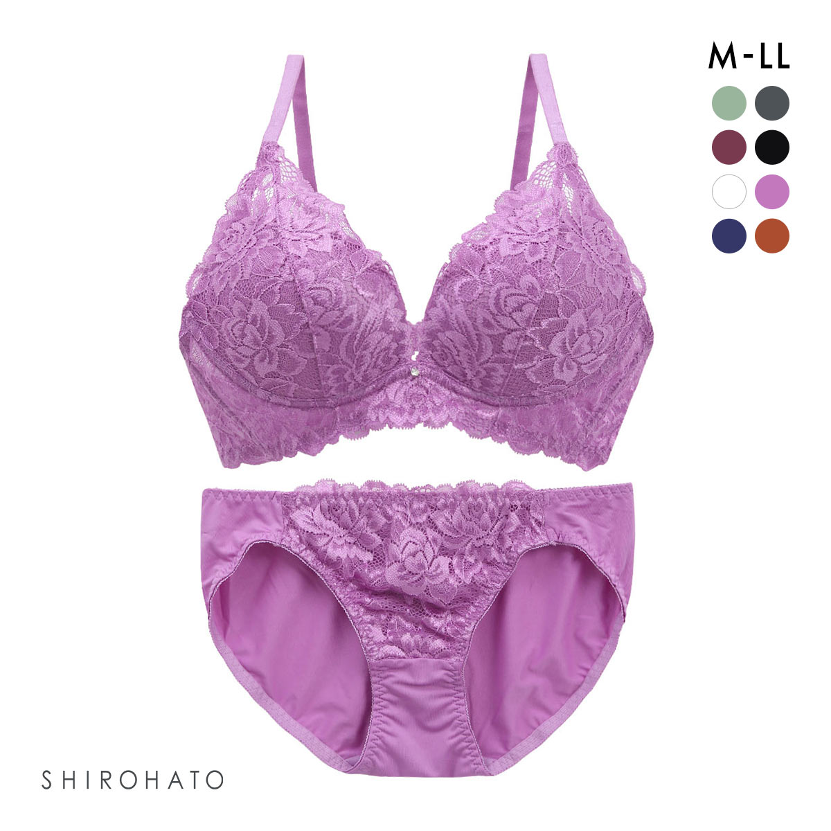 谷間×ノンワイヤー フラワーストレッチレ―ス ブラジャー ショーツ セット M L LL(PU-パープル-M)