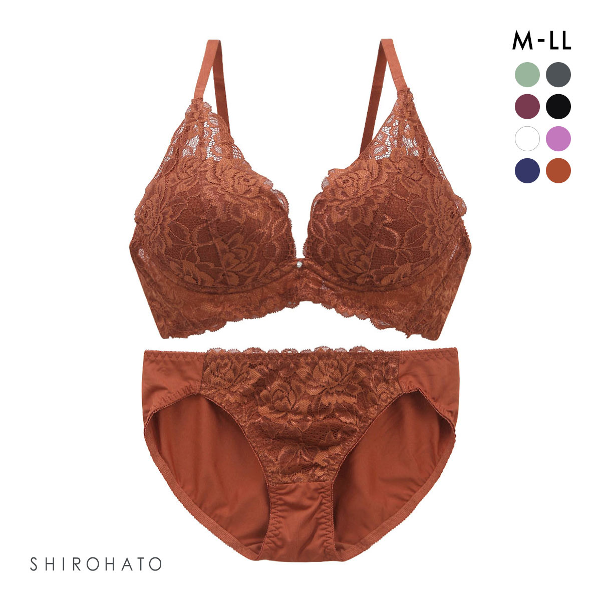 谷間×ノンワイヤー フラワーストレッチレ―ス ブラジャー ショーツ セット M L LL(OR-オレンジ-M)