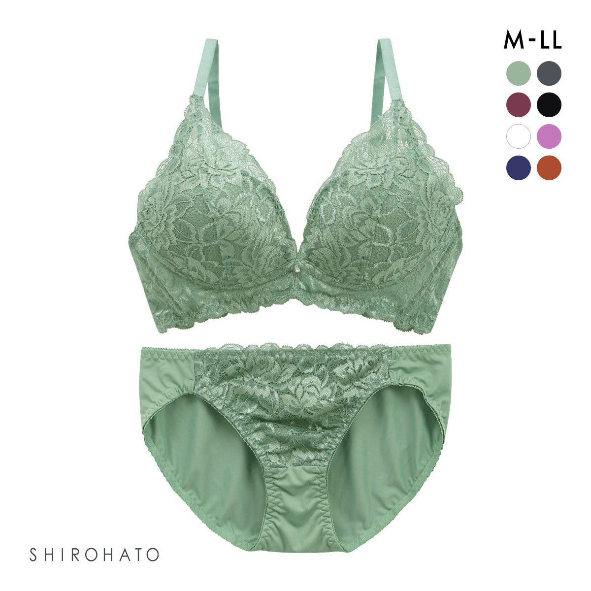 谷間×ノンワイヤー フラワーストレッチレ―ス ブラジャー ショーツ セット M L LL(MS-モスグリーン-M)