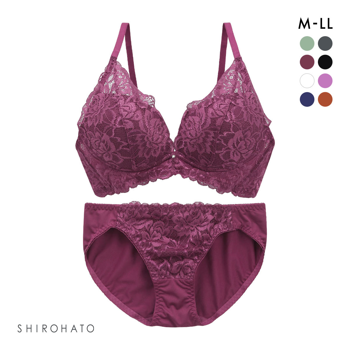 谷間×ノンワイヤー フラワーストレッチレ―ス ブラジャー ショーツ セット M L LL(WI-ワイン-M)