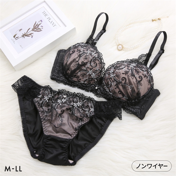 ピュアシェリ 脇高ラメ入りチュールレース ノンワイヤー ブラセット M L LL ブラジャー ショーツ セット ワイヤレス PURECHERIE
