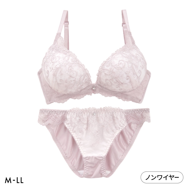 ピュアシェリ 脇高ラメ入りチュールレース ノンワイヤー ブラセット M L LL ブラジャー ショーツ セット ワイヤレス PURECHERIE