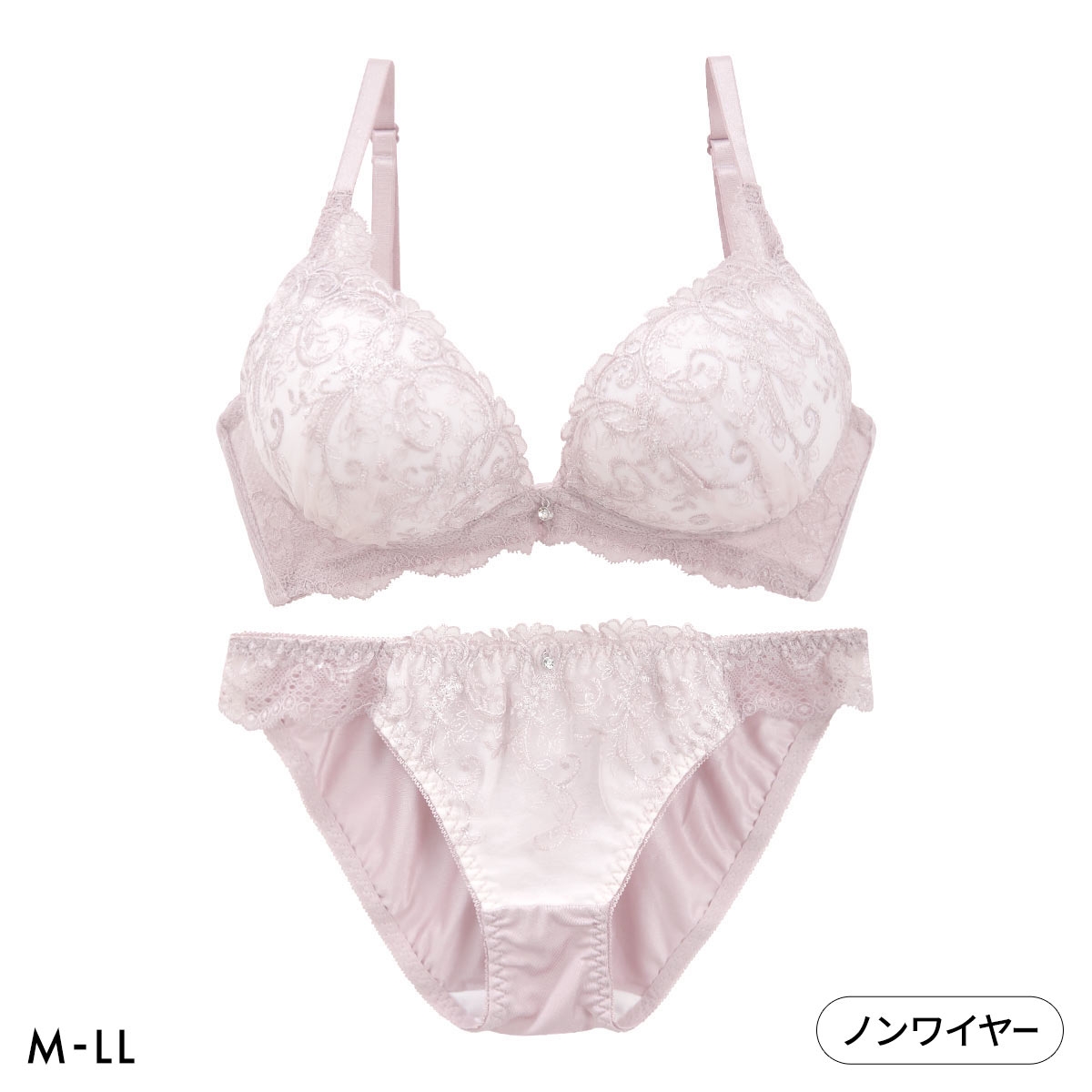ピュアシェリ 脇高ラメ入りチュールレース ノンワイヤー ブラセット M L LL ブラジャー ショーツ セット ワイヤレス PURECHERIE(MP-モーヴピンク-M／M)