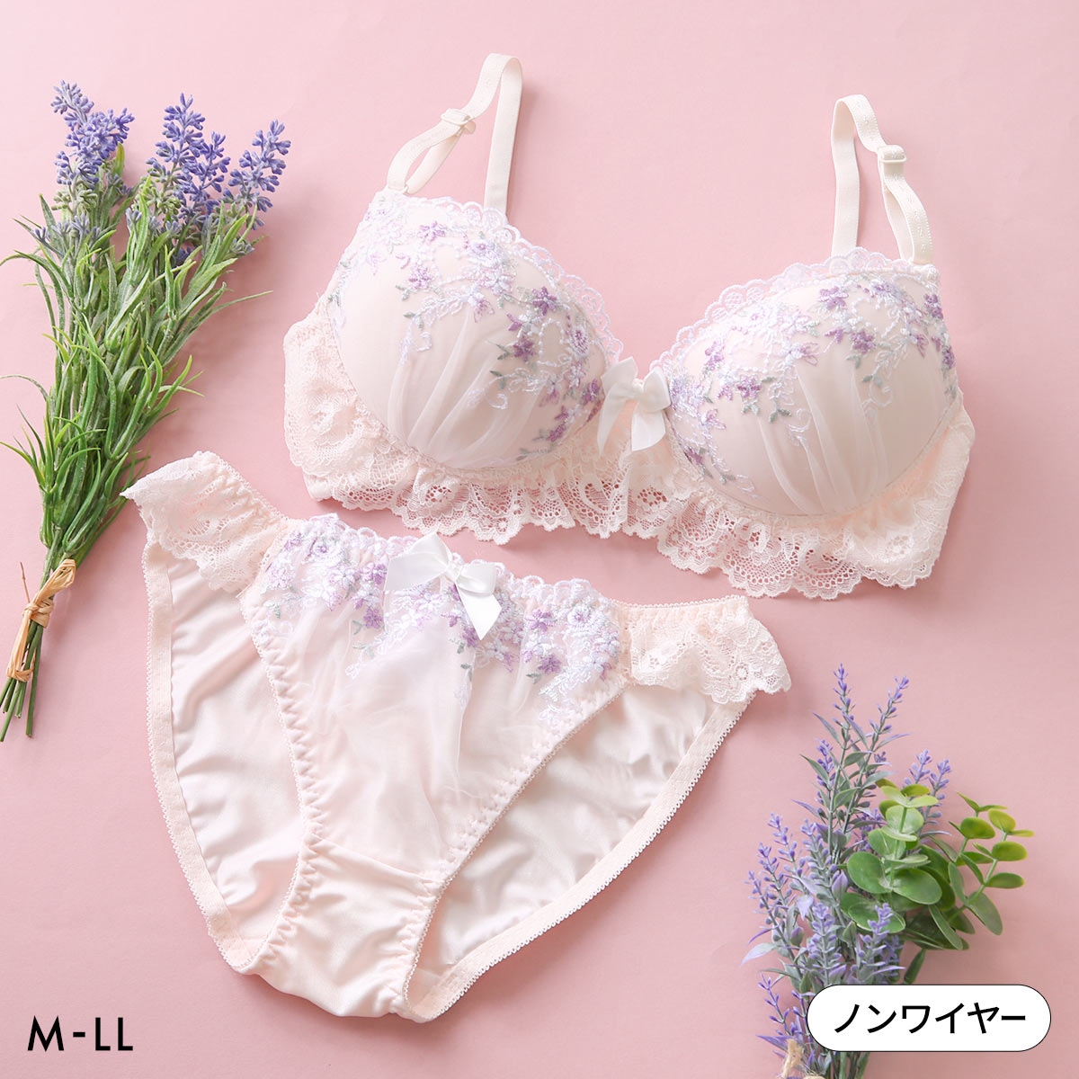 ピュアシェリ 小花レース ノンワイヤー ブラセット M L LL ブラジャー ショーツ セット ワイヤレス 大きいサイズ PURECHERIE(PE-ピーチ-M／M)