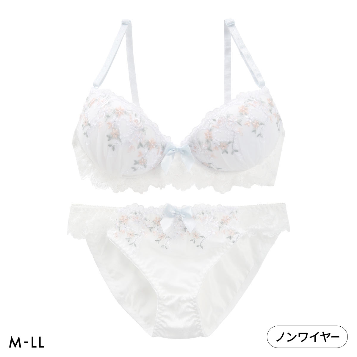 ピュアシェリ 小花レース ノンワイヤー ブラセット M L LL ブラジャー ショーツ セット ワイヤレス 大きいサイズ PURECHERIE(WH-ホワイト-M／M)