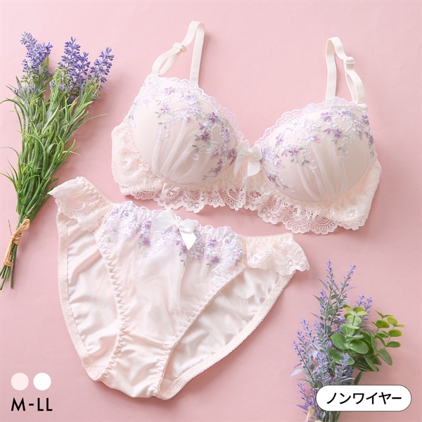ピュアシェリ 小花レース ノンワイヤー ブラセット M L LL ブラジャー ショーツ セット ワイヤレス 大きいサイズ PURECHERIE