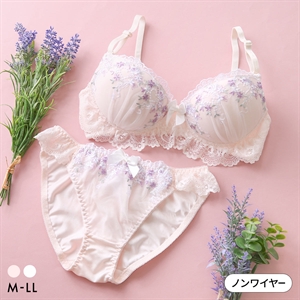ピュアシェリ 小花レース ノンワイヤー ブラセット M L LL ブラジャー ショーツ セット ワイヤレス 大きいサイズ PURECHERIE