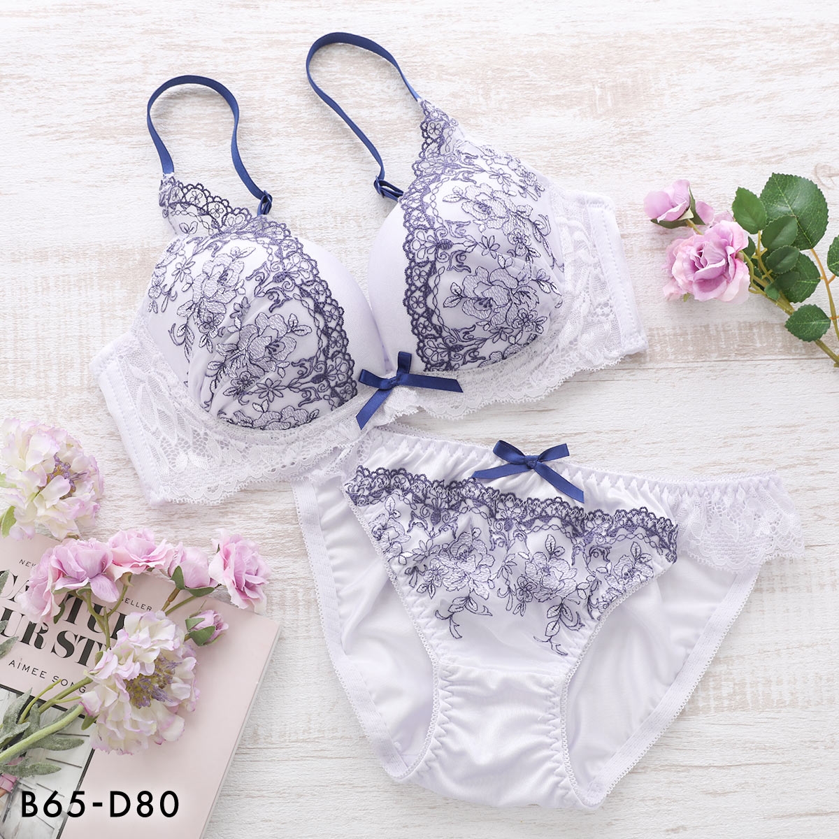 ピュアシェリ 花柄チュール ブラセット BCD 谷間 盛り 脇寄せ ブラジャー ショーツ セット PURECHERIE(LPU-薄パープル-B65-M)