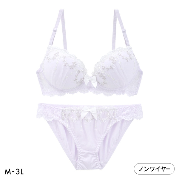 ピュアシェリ ラメ入り花柄チュールレース ノンワイヤー ブラセット M L LL セット ワイヤレス 大きいサイズ PURECHERIE