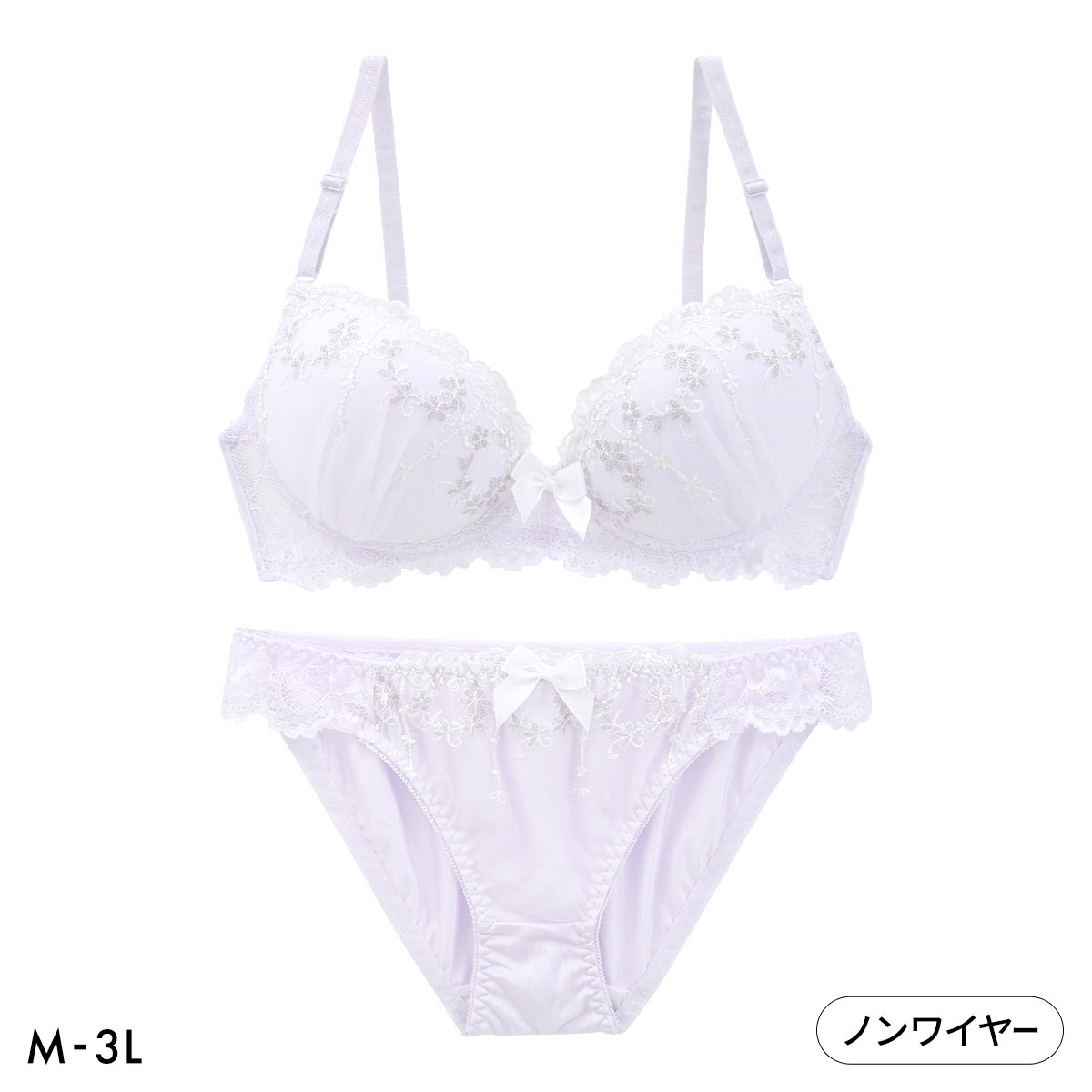 ピュアシェリ ラメ入り花柄チュールレース ノンワイヤー ブラセット M L LL セット ワイヤレス 大きいサイズ PURECHERIE(LPU-薄パープル-M／M)