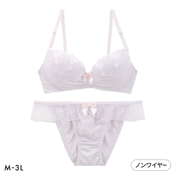 ピュアシェリ 花柄チュールハーフレース ノンワイヤー ブラセット M L LL 3L ブラジャー ショーツ 大きいサイズ PURECHERIE