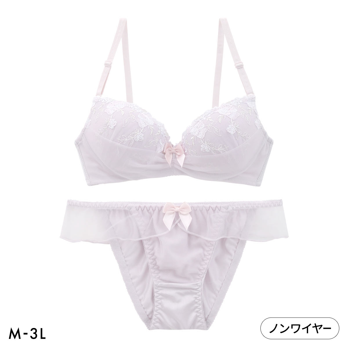 ピュアシェリ 花柄チュールハーフレース ノンワイヤー ブラセット M L LL 3L ブラジャー ショーツ 大きいサイズ PURECHERIE(GLV-グレーラベンダー-M／M)