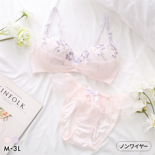 ピュアシェリ 花柄チュールハーフレース ノンワイヤー ブラセット M L LL 3L ブラジャー ショーツ 大きいサイズ PURECHERIE