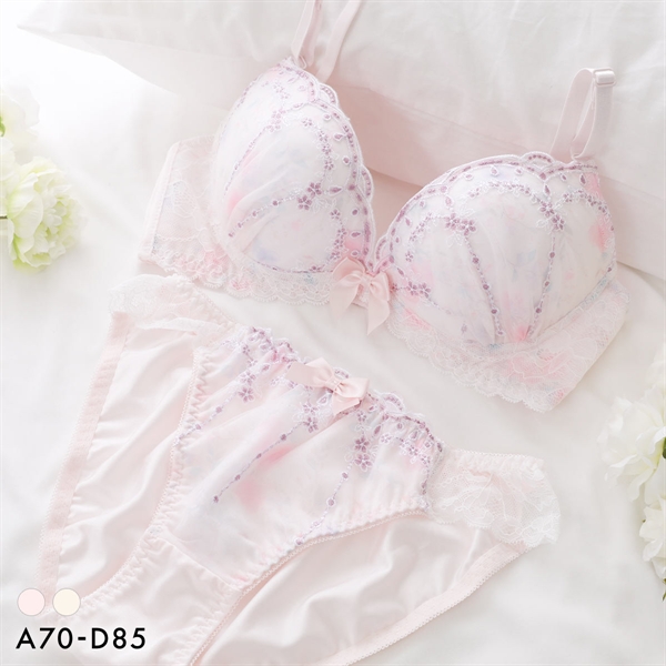 ピュアシェリ 花柄プリント×小花チュール ブラセット ABCD 谷間 盛り 脇寄せ ブラジャー ショーツ セット 大きいサイズ PURECHERIE
