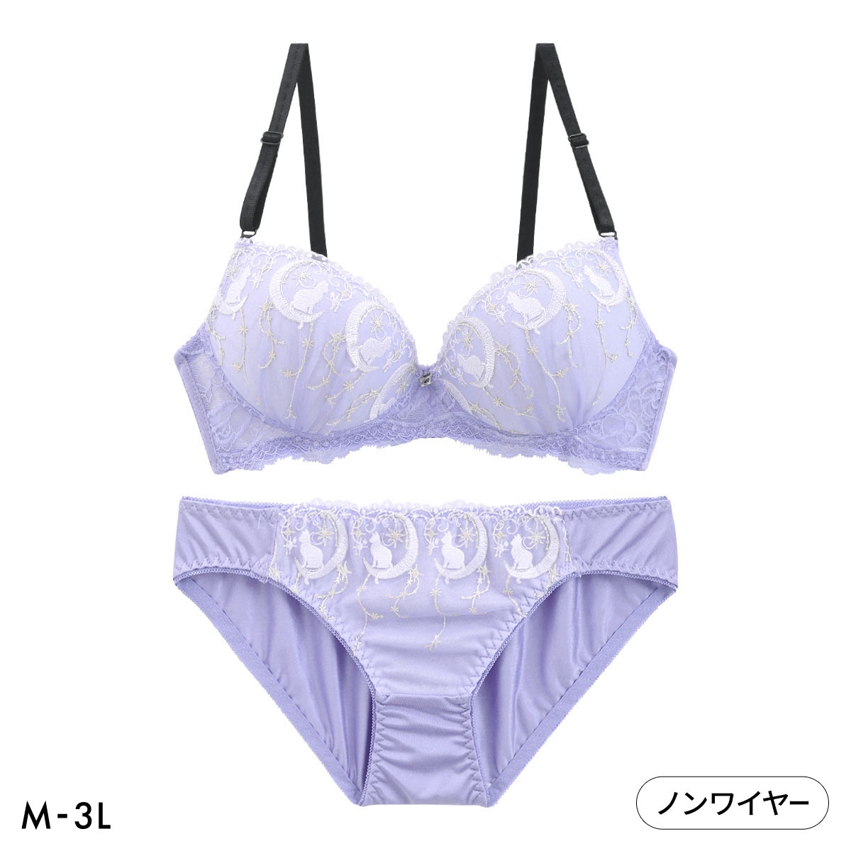 ライクキャットシリーズ ネコ柄ラメチュール ノンワイヤー ブラセット M L LL ブラジャー ショーツ セット ワイヤレス Like Cat Series(BLV-ブルーラベンダー-M／M)