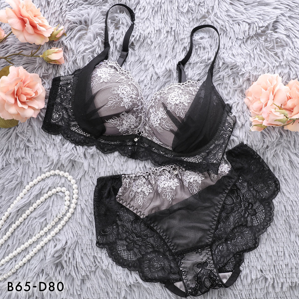エクラ 花柄チュール×ハーフ ブラセット BCD ブラジャー ショーツ セット ECLAT(BK-ブラック-B65-M)