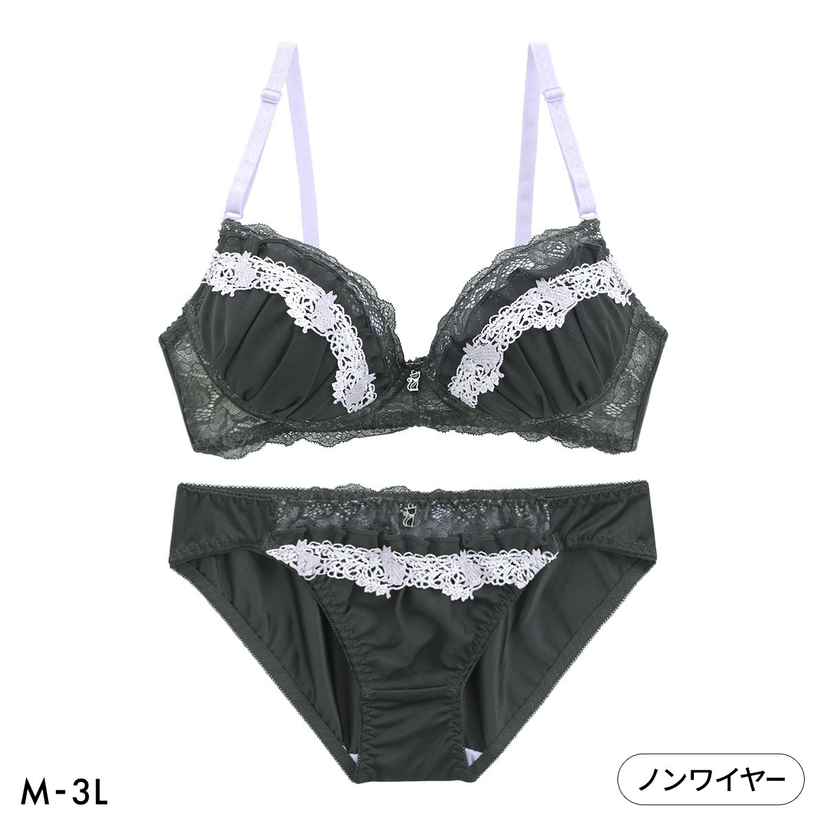 ルルモアナ ネコシフォン ノンワイヤー ブラセット M L LL ブラジャー ショーツ セット ワイヤレス LULUMOANA(DGY-濃グレー-M／M)