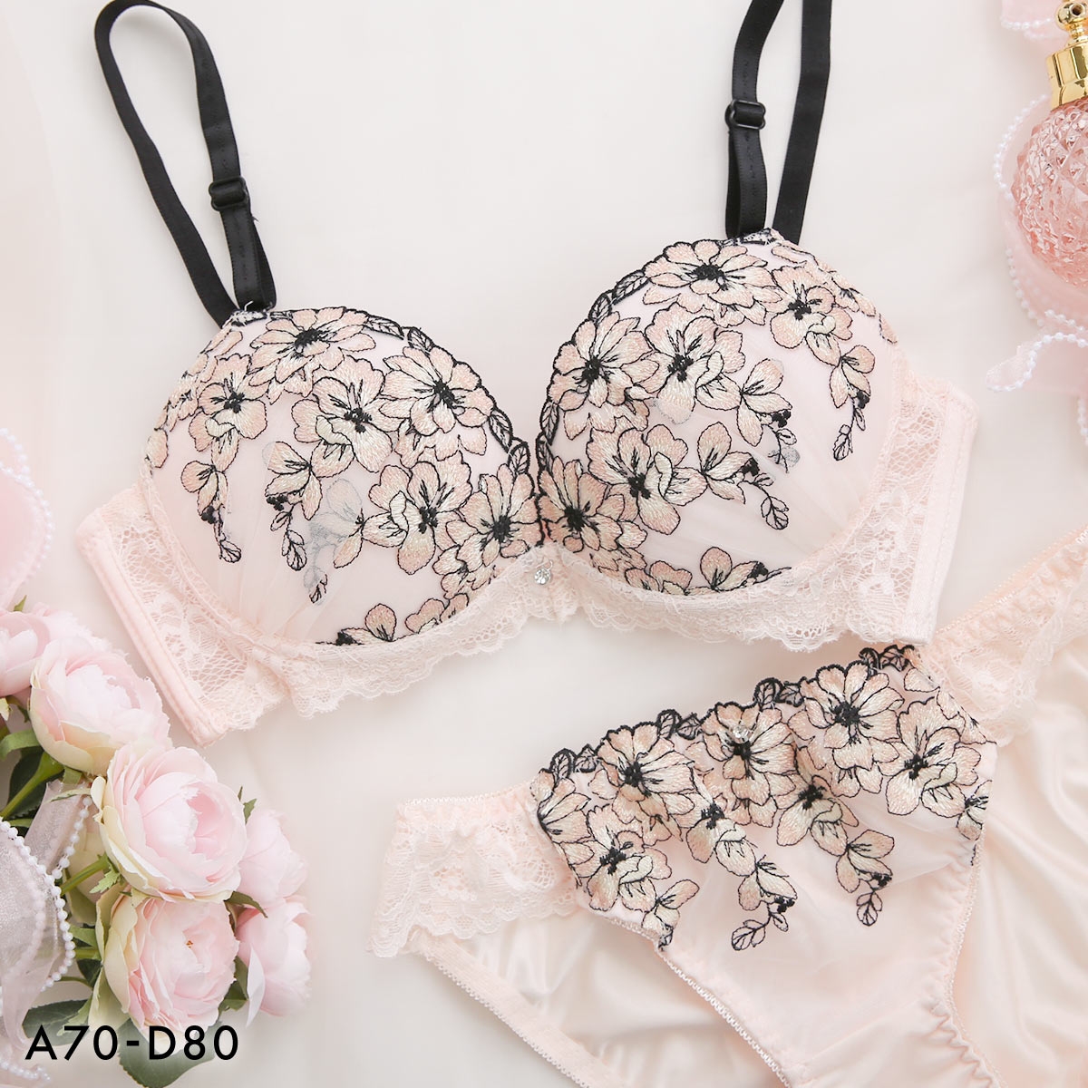 ピュアシェリ 花柄ラメ入りチュール ブラショーツセット 盛りブラ 谷間ブラ PURECHERIE(PE-ピーチ-A70-M)